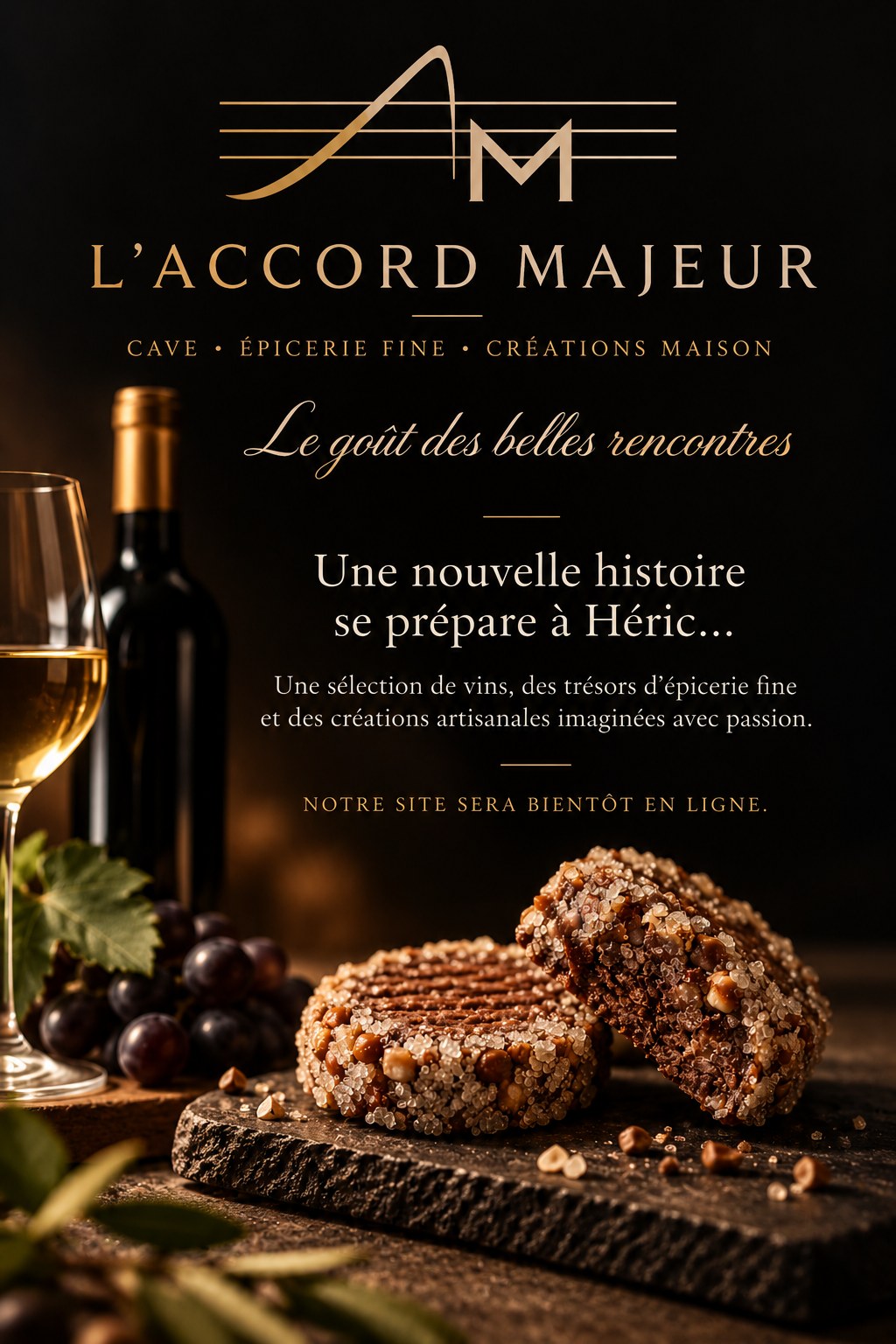 L’Accord Majeur : une nouvelle histoire se prépare à Héric. Cave, épicerie fine, créations maison. Notre site sera bientôt en ligne. Présentation des sablés artisanaux, d’une bouteille et d’un verre de vin.
